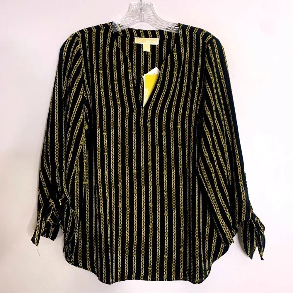 Michael Kors Black Gold Chain Stripe v neck knot blouse small new with tags